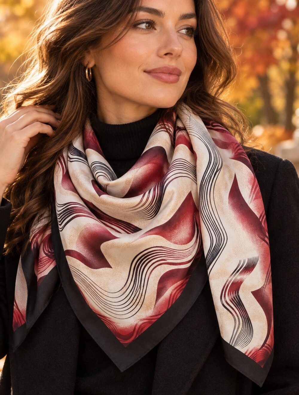 R. Anton Large Square Abstract Scarf Burgundy Cream Black 42 x 41